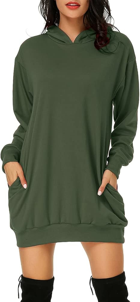Women's Long Sleeve Hooded Pockets Pullover Hoodie Dress Tunic Sweatshirt | Amazon (US)