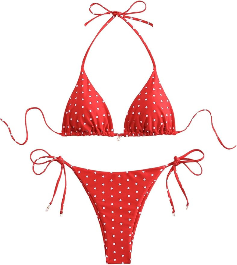 SOLY HUX Women's Polka Dots Print Bathing Suit Halter Triangle Tie Side Bikini Sets Two Piece Swi... | Amazon (US)