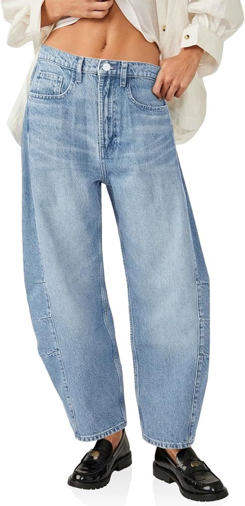 PLNOTME Womens Baggy Barrel Jeans Cropped Loose Boyfriend Wide Leg Mid Rise Ankle Denim Pants wit... | Amazon (US)