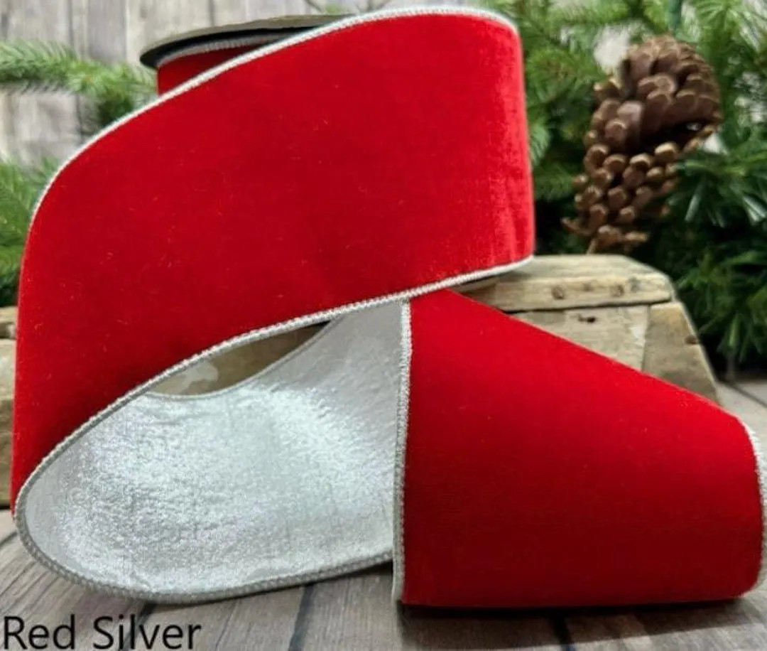 D Stevens, 10 Yards, 4 Inch Wired Ribbon, Red Velvet Ribbon, Red Ribbon, Silver Ribbon, Christmas... | Etsy (US)