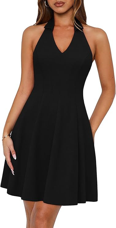 Lazysmile Summer Dresses for Women Sleeveless Halter Lapel V Neck Backless A Line Formal Cocktail... | Amazon (US)