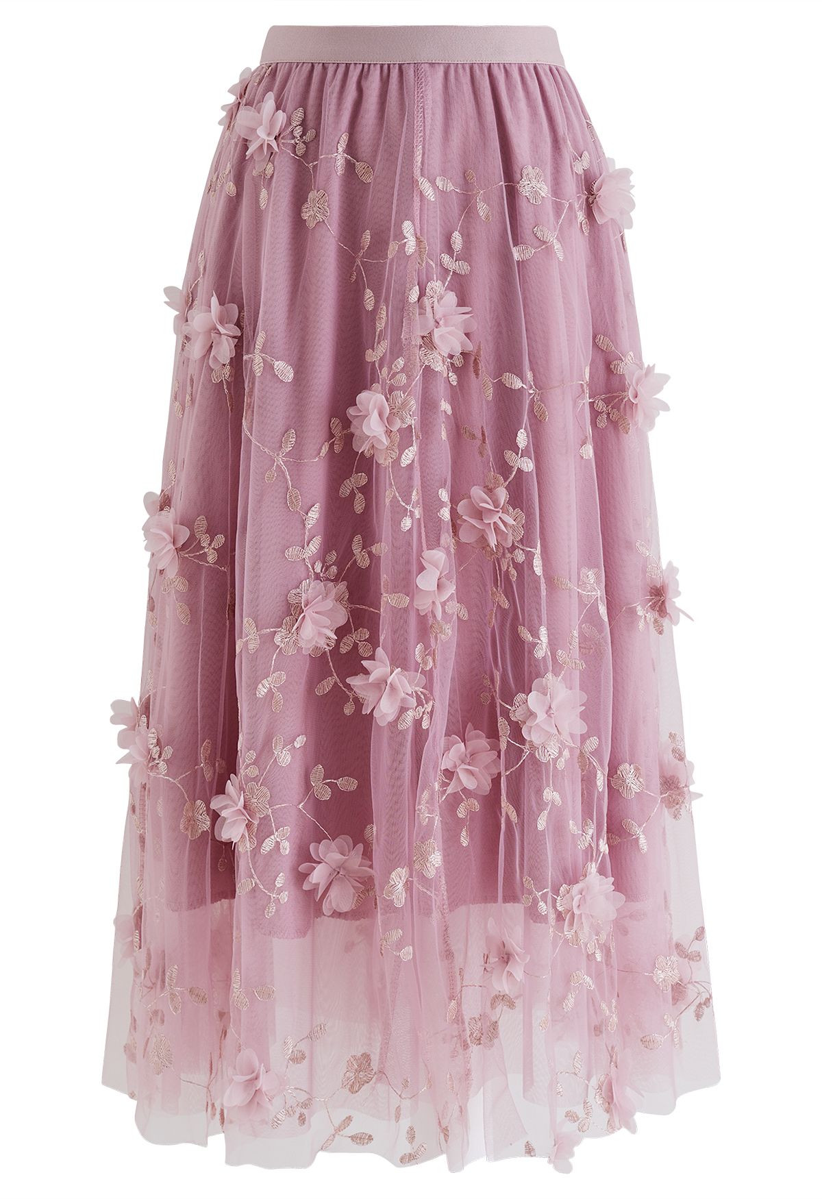 3D Mesh Flower Embroidered Tulle Midi Skirt in Lilac | Chicwish