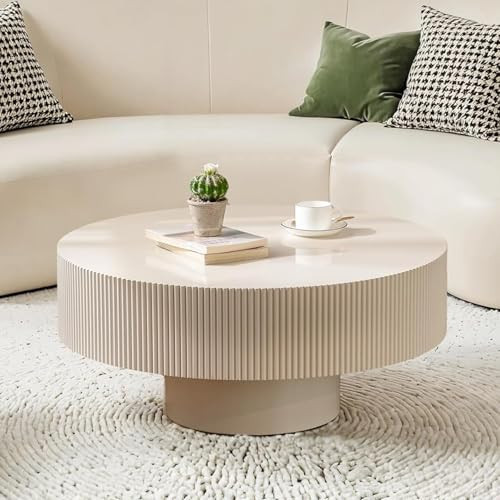 Handmade Round Fluted Drum-Shaped Coffee Table、Rustic Modern Circular Centerpiece for Living Room & Farmhouse Decor、Easy to Clean (A Off White 30.9 in) | Amazon (US)