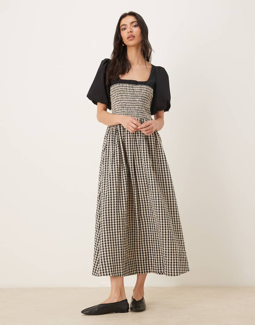 ASOS DESIGN shirred bodice midaxi dress with puff sleeves in black and white gingham-Multi | ASOS (Global)