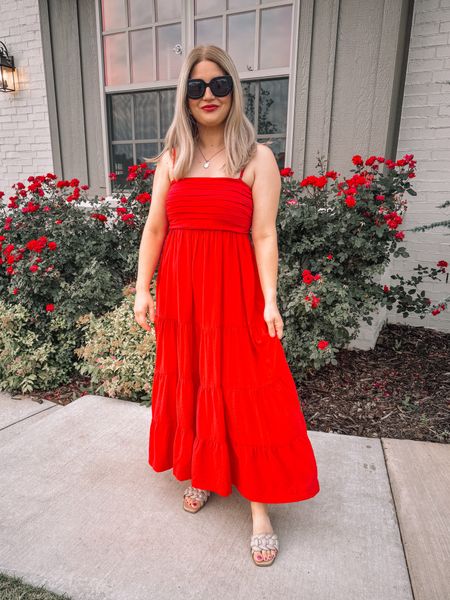 The prettiest red maxi dress that you could dress up for a wedding guest dress or down with sandals! 

#LTKFindsUnder50 #LTKWedding #LTKSeasonal