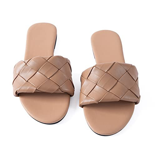 Mtzyoa Women Flat Sandals Braided Leather Nude Summer Slides Comfort Handmade Woven Flops Size 6.5 | Amazon (US)