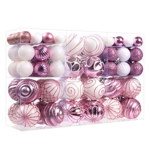 100Pcs Christmas Ball Ornaments Set, Shatterproof Plastic Pink and White Christmas Ornaments for Xmas Tree, Assorted Baubles Hanging Decorations for Holiday/Party/Wedding | Amazon (US)