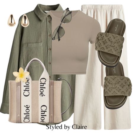 Casual but chic👌🏼
Tags: oversized linen shirt, taupe cropped t shirts, trousers, Louis Vuitton sandals, Chloe tote bag, flower hair claw, gold earrings. Fashion spring primavera inspo outfit ideas city break airport outfit brunch Barcelona H&M Dubai Aritzia

#LTKitbag #LTKstyletip #LTKshoecrush