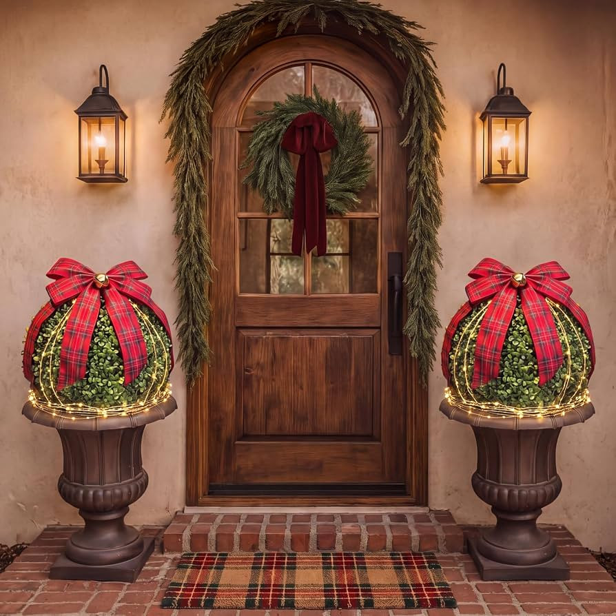 Norme 2 Sets Christmas Porch Decor, Red and Green, 16 Inch, Tartan Plaid | Amazon (US)