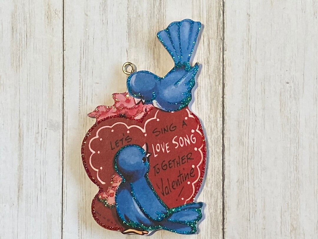 Blue Birds Singing Love Song Valentine Ornament Vintage Card Image Wood and Glitter Holiday Tree ... | Etsy (US)
