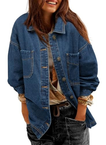 Sidefeel Women's Jean Jacket Oversized Boyfriend Button Up Long Sleeve Denim Jackets Deep Blue 2X-Large | Amazon (US)