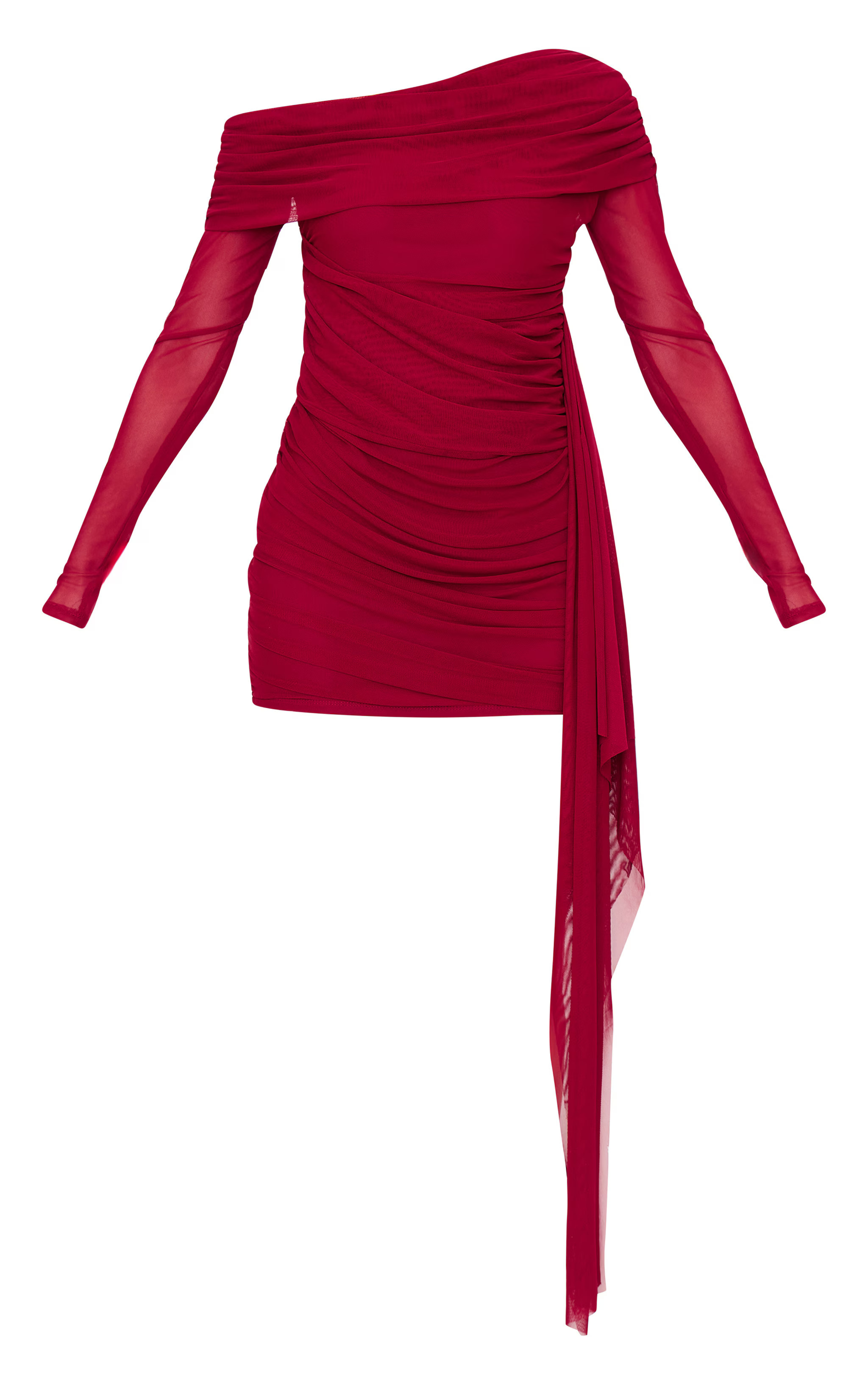 Mini robe en mesh bordeaux drapé à manches longues et détail replié | PrettyLittleThing (FR)