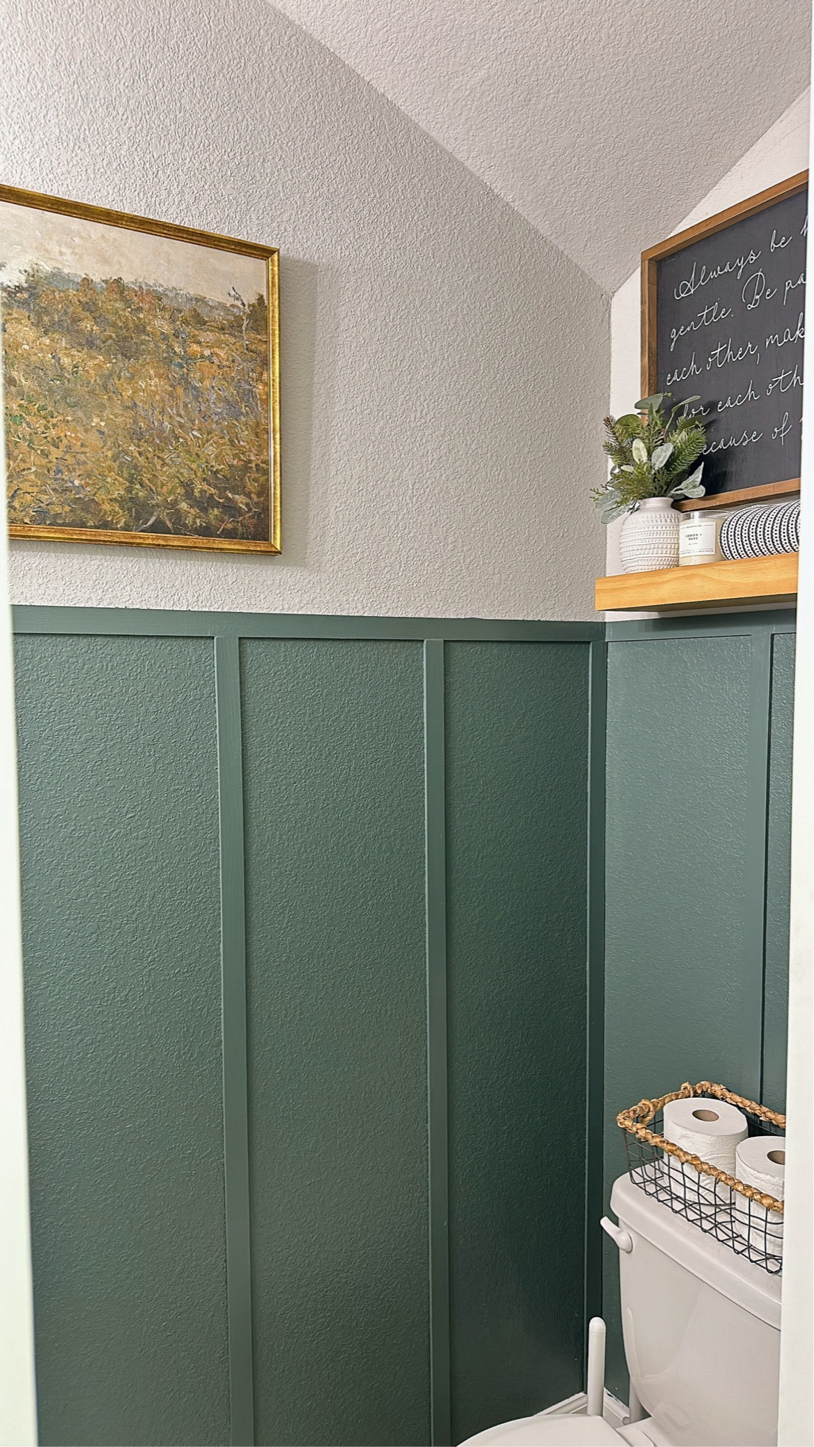 Half Bathroom Update!
Paint Color: Pewter Green (from Lowes) in the Sherwin Williams paint line.
*For the boards, I purchased 10 foot boards and cut them in half to get 5 foot board lengths on the wall!


#LTKHome