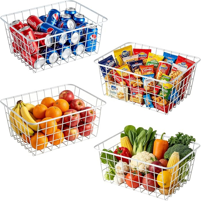 4 Pack White Wire Baskets 12.9"x9.3"x5.4", Wire Freezer Storage Organizer Bins with Handles for C... | Amazon (US)