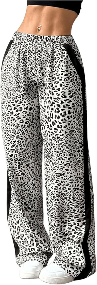 SweatyRocks Women's Leopard Print Long Pants Elastic High Waist Straight Leg Trousers | Amazon (US)