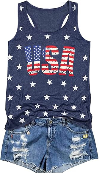 4th of July Tank Tops for Women American Flag Print T Shirt Vintage Sleeveless Independence Day P... | Amazon (US)