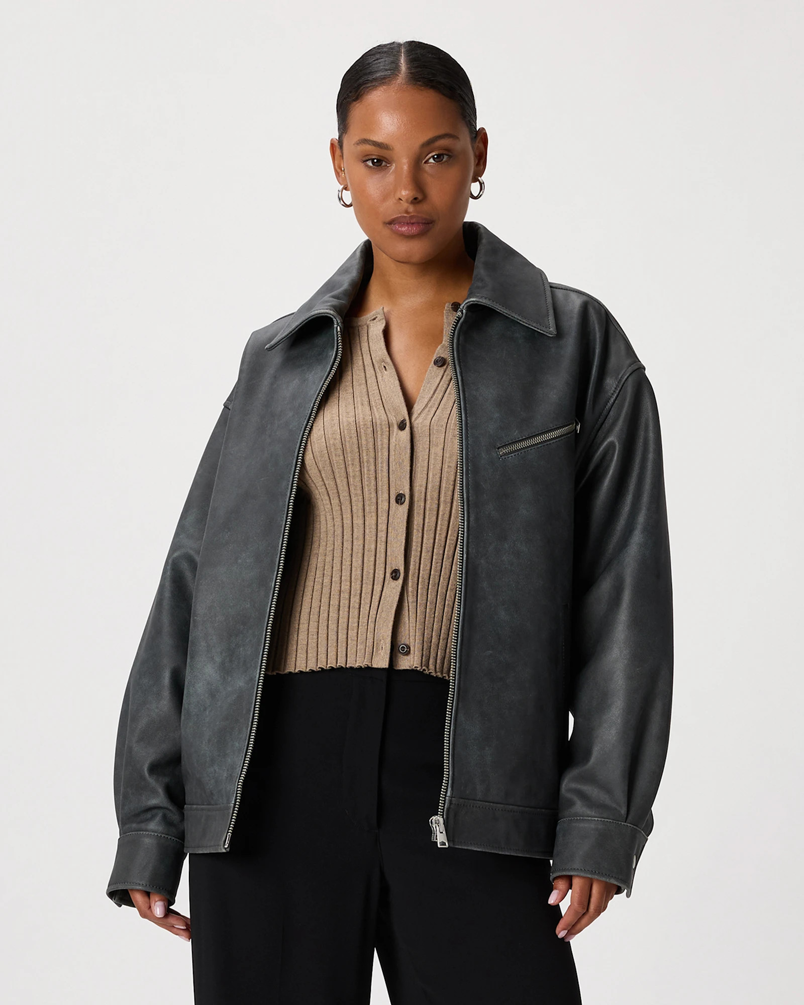 100% Leather Oversized Bomber Jacket in Distressed Black | Quince