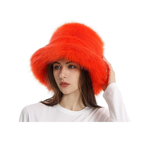 yamerbo Women Fuzzy Bucket Hat Winter Fluffy Furry Plush Faux Fur Hats Warm Plush Solid Color Bucket Hat-Orange | Amazon (US)