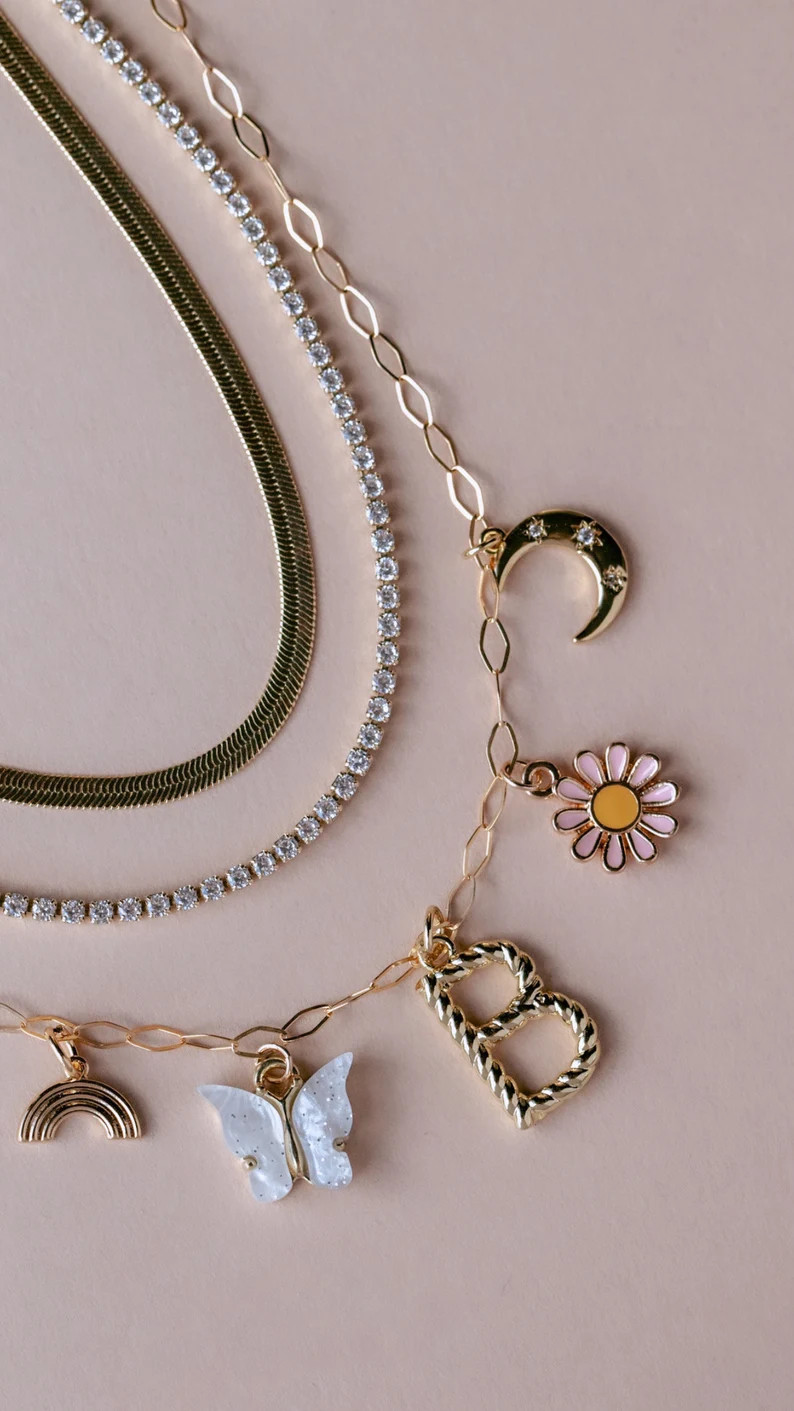 Charm Necklace Spring Garden Initial Charm Necklace Chunky Charm Necklace - Etsy | Etsy (US)