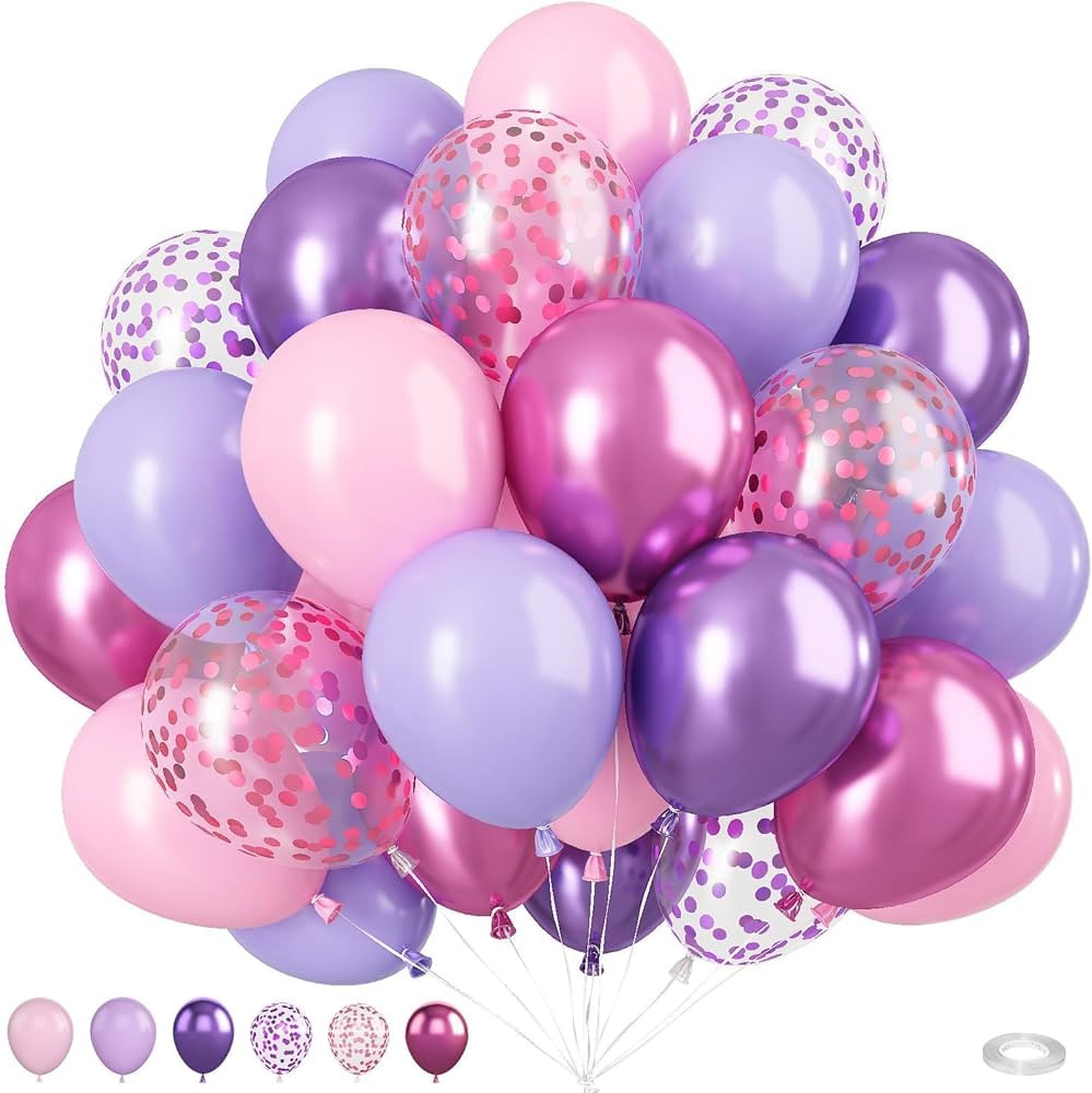 Biapian 50PCS 12 Inch Pink Purple Balloons: Metallic & Confetti, Party Balloons for Birthday, Wed... | Amazon (US)