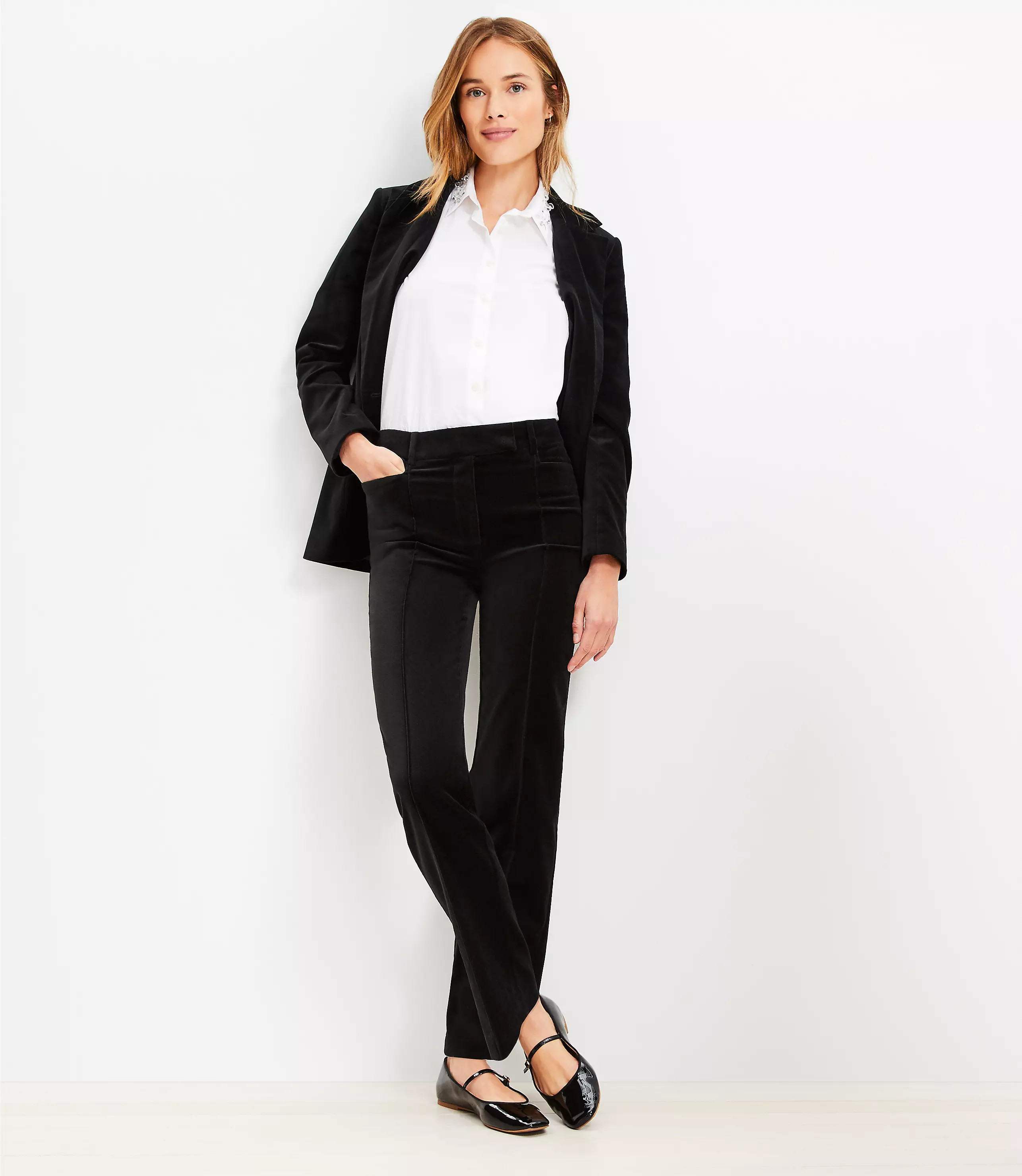 Pintucked Full Length Straight Pants in Velvet | LOFT