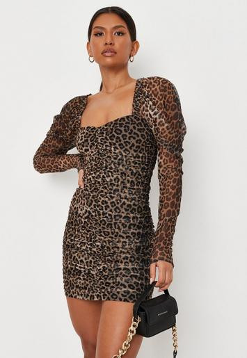 Missguided - Brown Leopard Print Mesh Ruched Mini Dress | Missguided (US & CA)