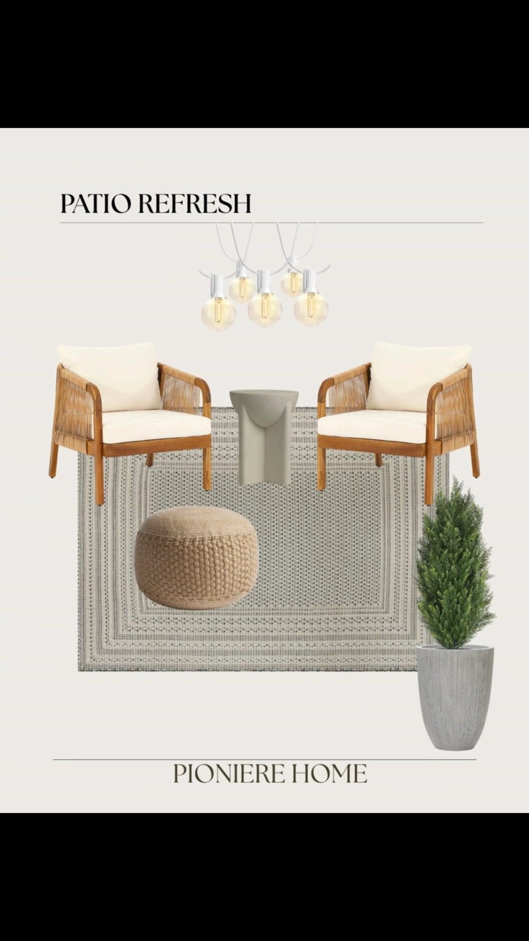 Affordable patio refresh. Wayfair outdoor sal, world market outdoor furniture, outdoor pouf ottoman, rope and wood outdoor chairs, faux tree, white string lights, spring patio

#LTKHome #LTKSaleAlert #LTKSeasonal