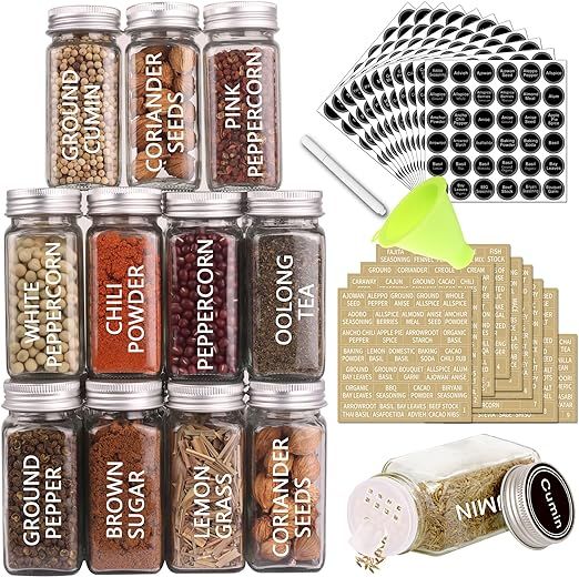 SWOMMOLY 36 Glass Spice Jars with 703 Spice Labels, Empty Square Spice Bottles 4 oz with Pour/Sif... | Amazon (US)