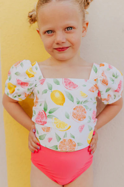 GIRLS PUFF SLEEVE SWIM TOP IN CITRUS PRINT BY SASSY RED LIPSTICK X PINK DESERT | Pink Desert