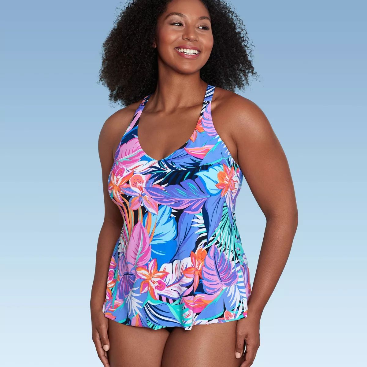 Women's UPF 50 V-Neck Tankini Top - Aqua Green® Multi Tropical Print | Target