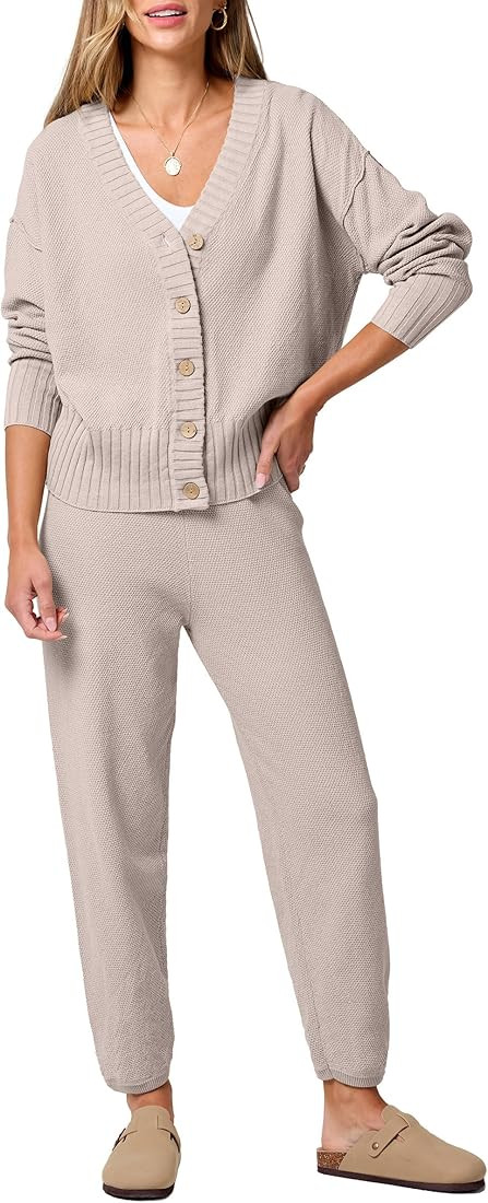 ANRABESS Women 2 Piece Outfits Waffle Knit Long Sleeve Cardigan Set Casual Sweater Pants Lounge S... | Amazon (US)