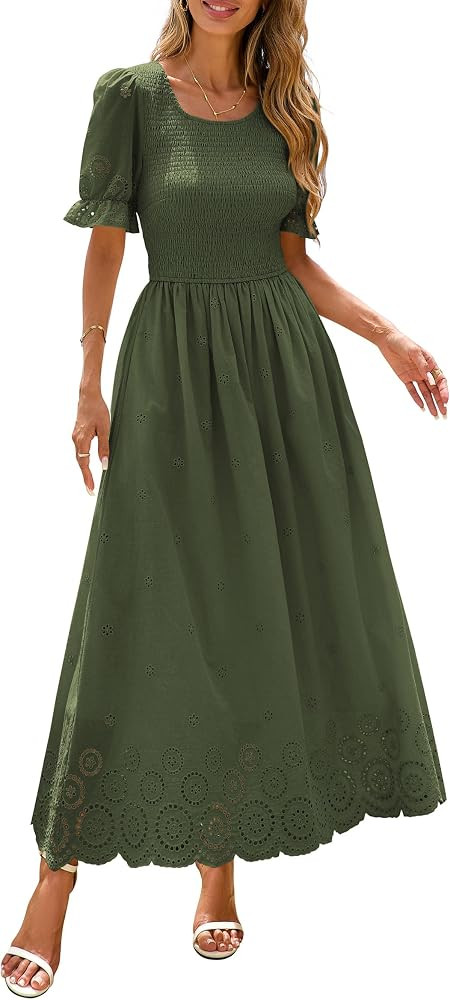 PRETTYGARDEN Women's Maxi Smocked Eyelet Dress Summer 2026 Short Puff Sleeve Long Flowy Boho Beac... | Amazon (US)