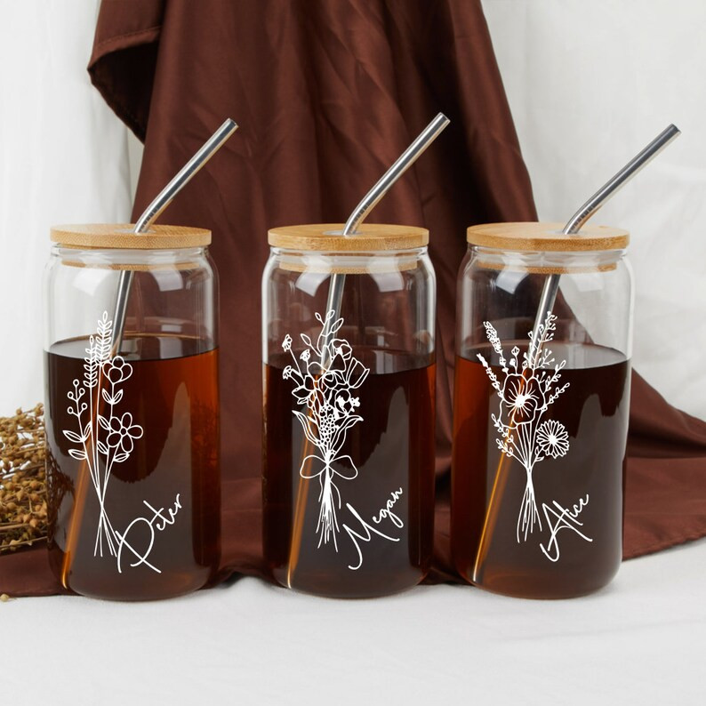 Personalized Name Glass Cup with Birth Flower,Birdesmaid Gifts,Iced Coffee Cup,Personalized Gifts... | Etsy (US)