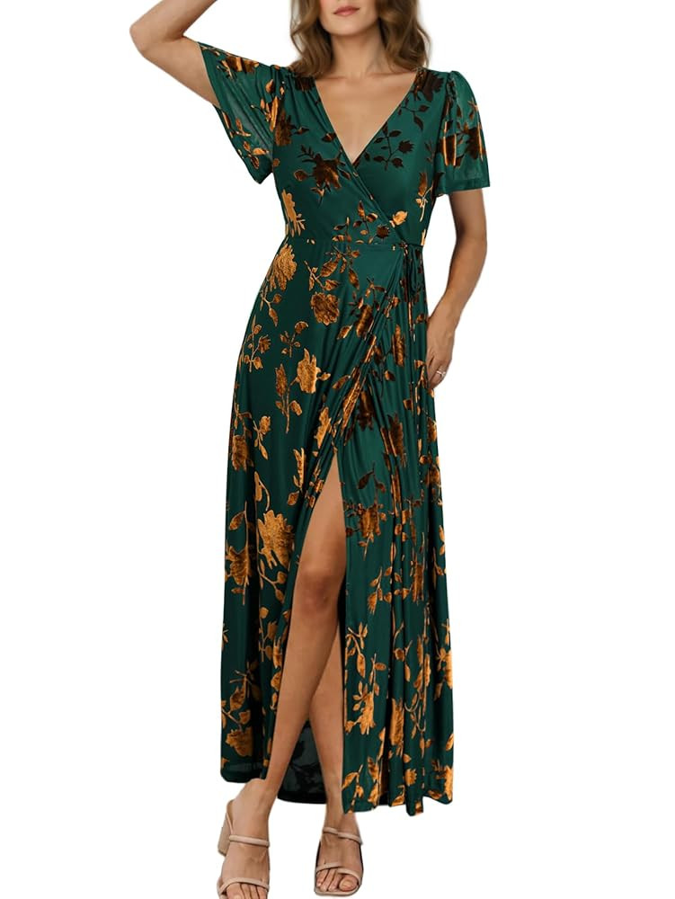 Simplee Womens Velvet Wrap Dress Short Sleeve High Split Fall Wedding Guest Dresses Long Formal C... | Amazon (US)