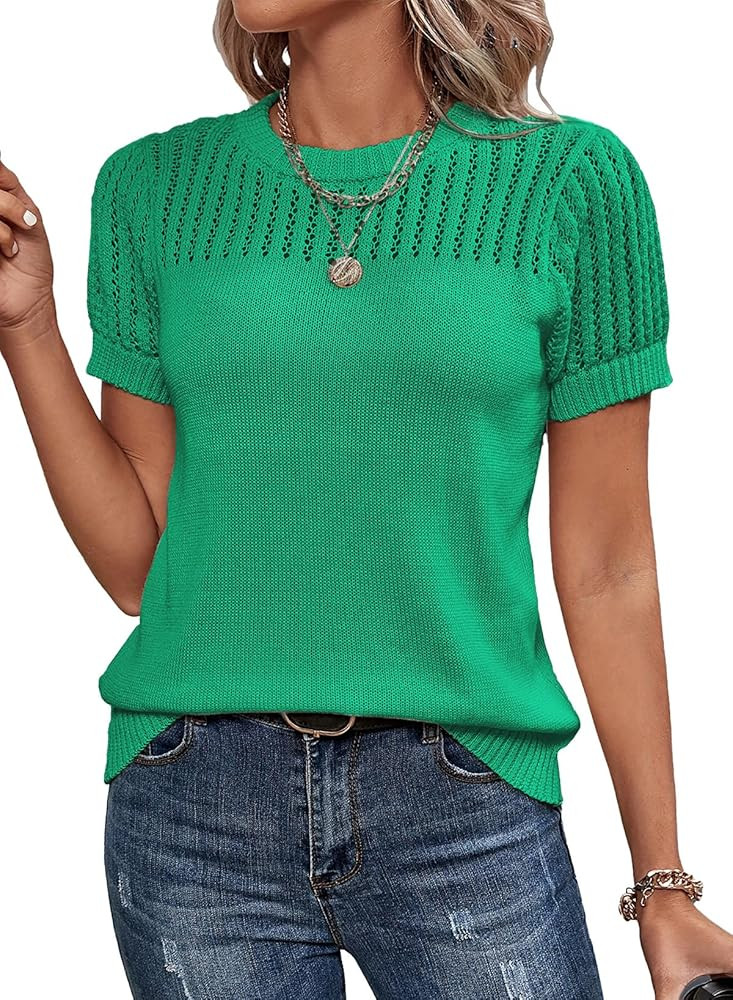 Dokotoo Womens Summer Tops Dressy Casual Crewneck Short Sleeve Shirts Solid Hollow Out Knit Loose... | Amazon (US)