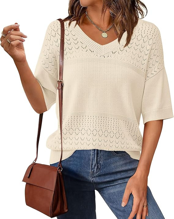 PRETTYGARDEN Women's Short Sleeve Sweater Tops 2026 Spring Summer Casual V Neck Ribbed Knit Trend... | Amazon (US)