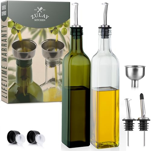 (2 pack) Zulay 17oz Olive Oil Dispenser Bottle For Kitchen - Glass Olive Oil Bottles With 2 Spouts, 2 Removable Corks, 2 Caps, & 1 Funnel - Oil Bottle For Kitchen & Storing Liquids | Amazon (US)