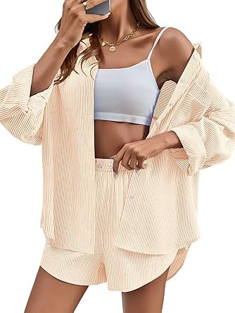 Tankaneo Womens 2 Piece Outfits Striped Sets Long Sleeve Button Down Blouse and Shorts Tracksuit ... | Amazon (US)