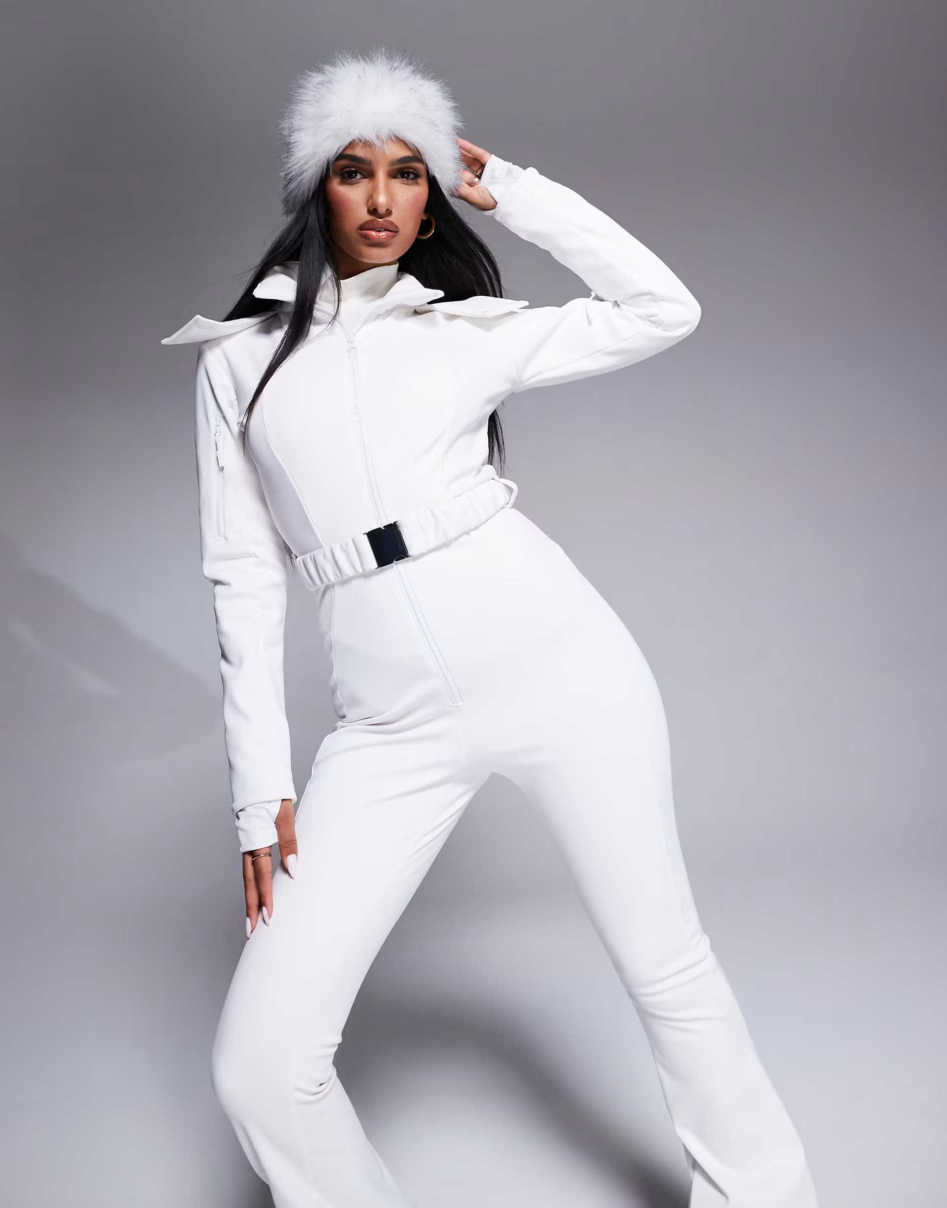 ASOS 4505 Ski belted ski suit with slim kick leg and faux fur hood in white | ASOS (Global)