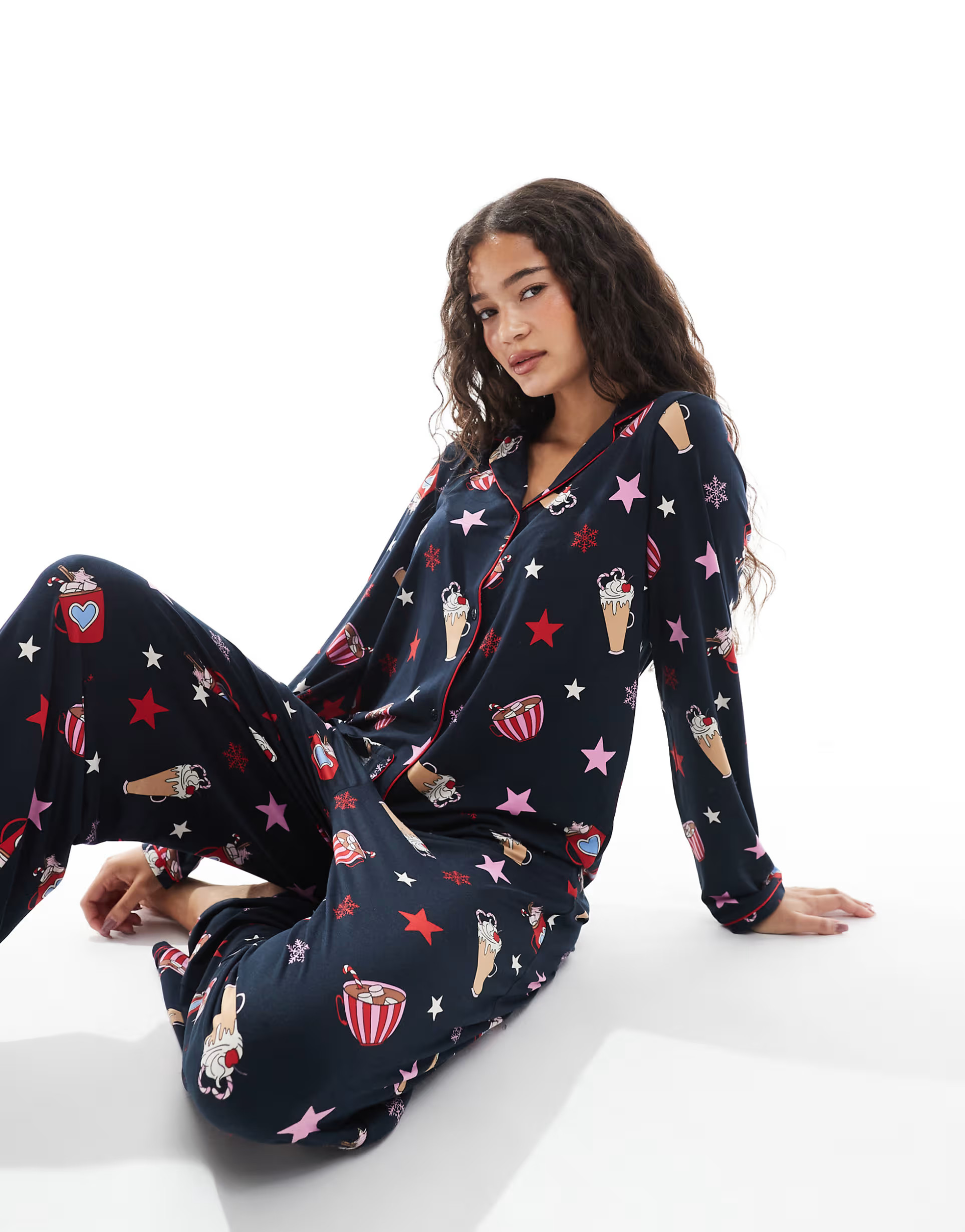 Urban Threads Christmas long sleeve revere and pants pajama set in hot chocolate print in navy | ... | ASOS (Global)