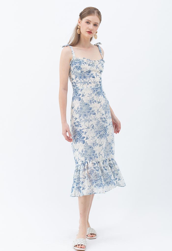 Swallow and Rose Printed Tie-Strap Midi Dress | Chicwish