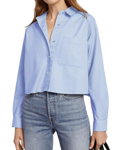 siliteelon Button Down Shirts for Women Cotton Cropped Long Sleeve Button Up Shirts Crop Shirts Tops Blouse with Pocket Blue | Amazon (US)