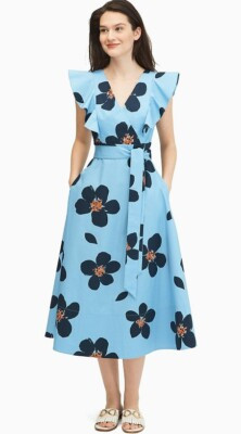 Kate Spade New York BLUE Women's Grand Flora Poplin Midi Dress, US 14 | eBay US