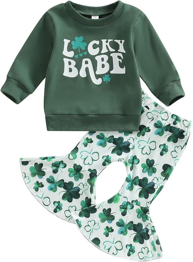 Baby Girl St Patricks Day Outfit Newborn Infant Toddler Lucky Charm Shirt Top Flared Pants Set Cl... | Amazon (US)