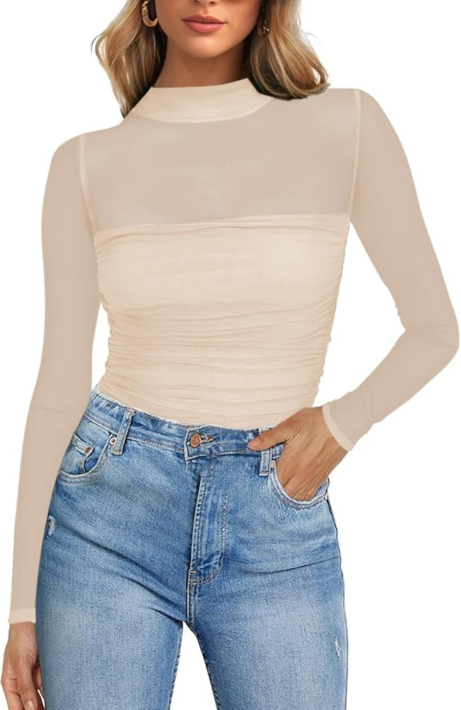 Poetsky Womens Sheer Mesh Long Sleeve Top Mock Turtle Neck Going Out Shirts | Amazon (US)