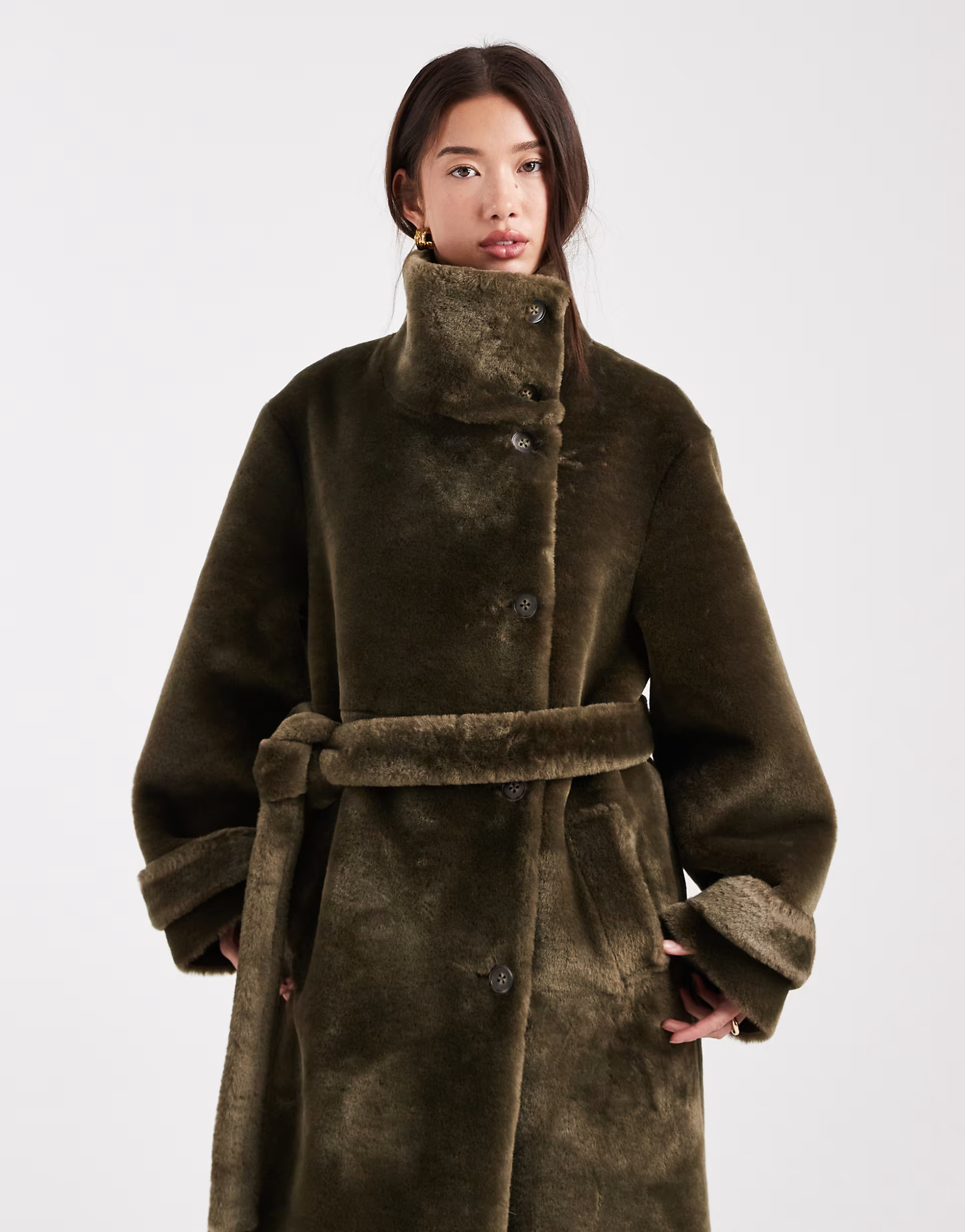 ASOS DESIGN longline cozy teddy funnel neck coat in khaki green | ASOS | ASOS (Global)