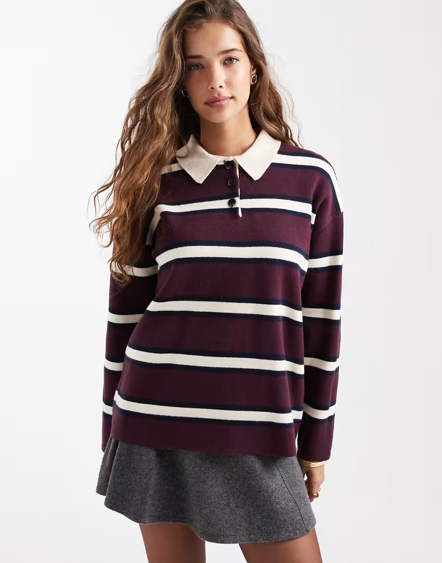 Vero Moda compact knit rugby top in burgundy and white stripe-Red | ASOS (Global)