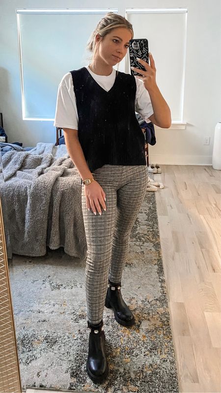 Sweater vest with white tee and houndstooth print leggings with Steve Madden lug sole booties 

#LTKshoecrush #LTKworkwear #LTKstyletip