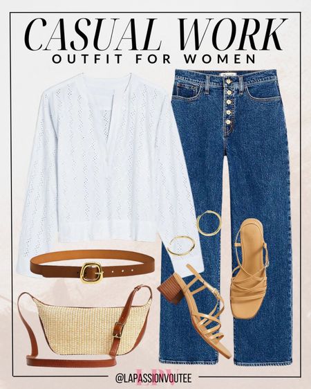 Effortlessly chic: Elevate your style with button-front wide leg jeans paired with an eyelet popover top for a breezy, feminine look. Add a touch of sophistication with hoop earrings and a sleek leather belt. Complete the ensemble with a trendy straw crossbody bag and strappy sandals for a perfect blend of casual elegance.

#LTKSeasonal #LTKworkwear #LTKstyletip