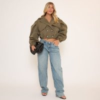 Long Sleeve Cinched Waist Cropped Trench Coat In Khaki Green, Women's Size UK Small/Medium S/M | EGO (UK)